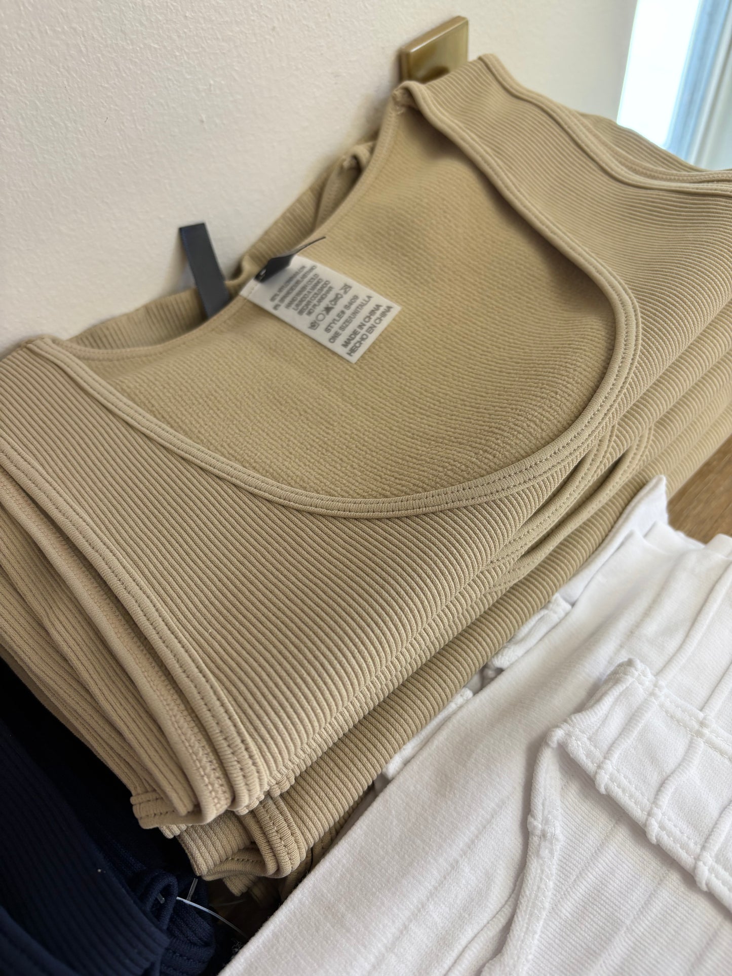 Sugarl!ps Nude/Beige Tank Top, stop design, one size, soft fabric, close-up view showing fit and color details.