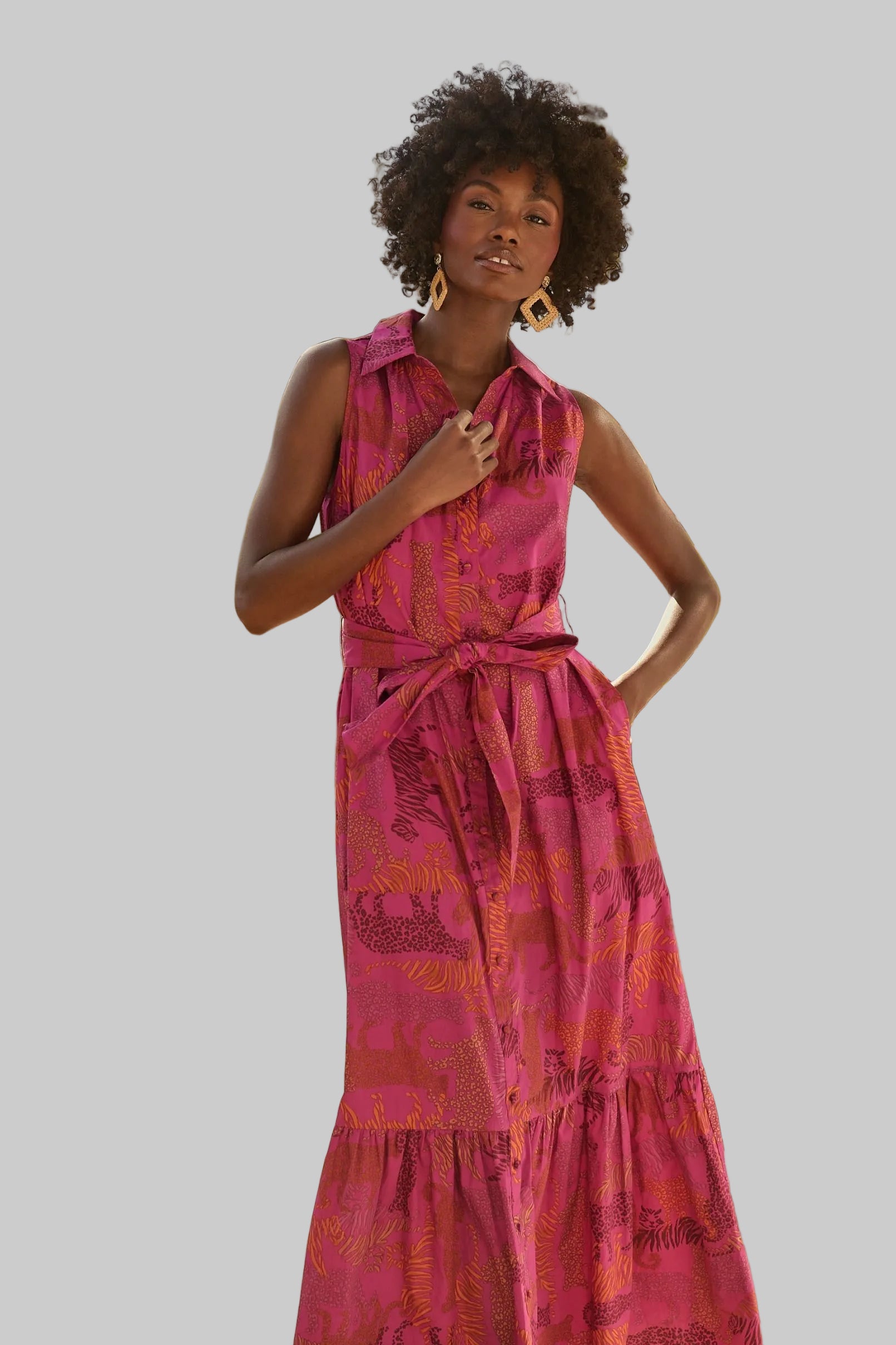Sugarl!ps In the Jungle Cileah Magenta Collared Maxi Dress displayed on a model, featuring a vibrant jungle print and elegant collar detail.