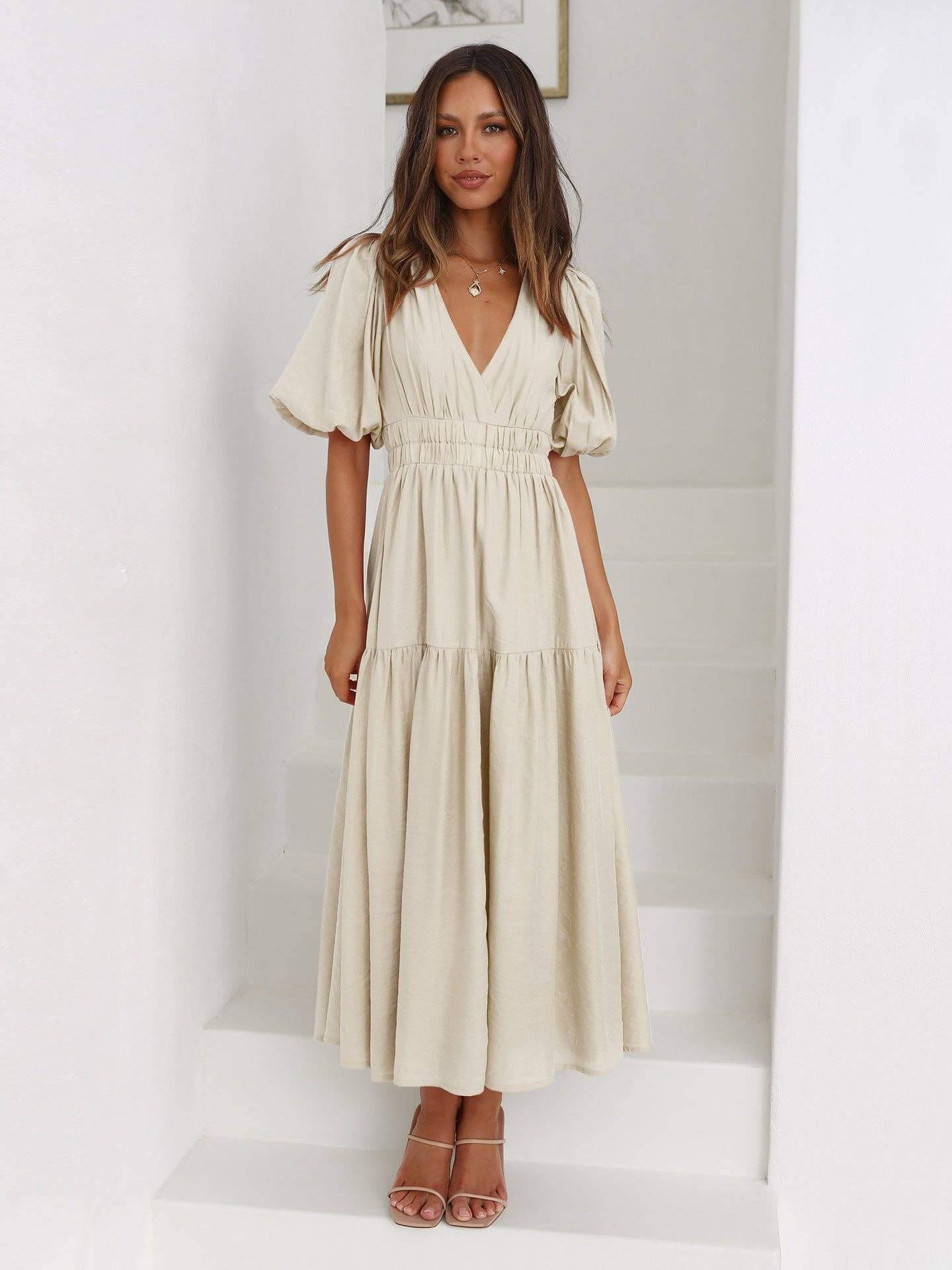 Sweetkama ladies bubble sleeves V-neck midi dress with a fitted waist and flowing skirt, perfect for daily wear.