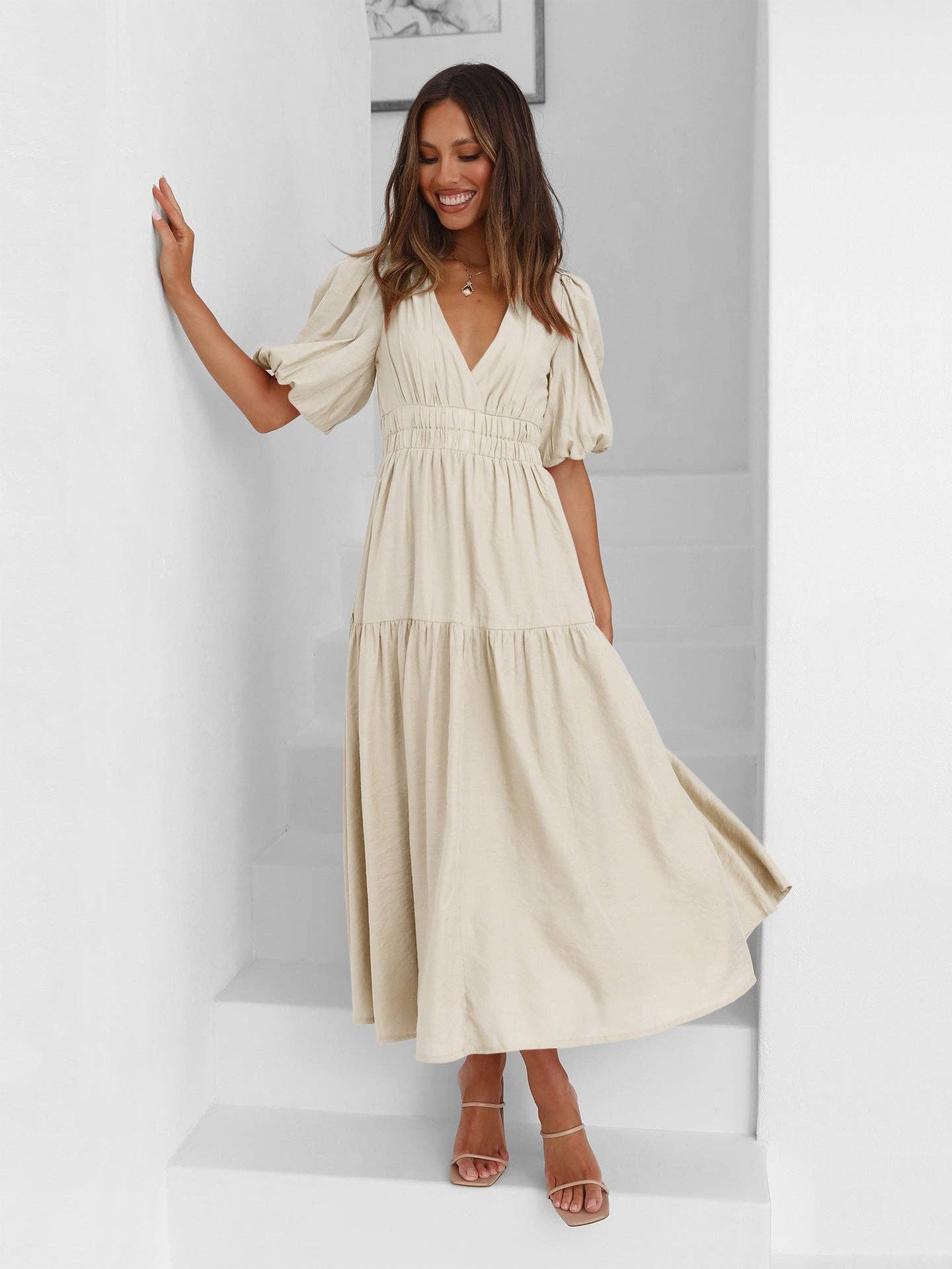 Sweetkama ladies bubble sleeves V-neck midi dress featuring a stylish V-neckline and puffed bubble sleeves for daily wear.