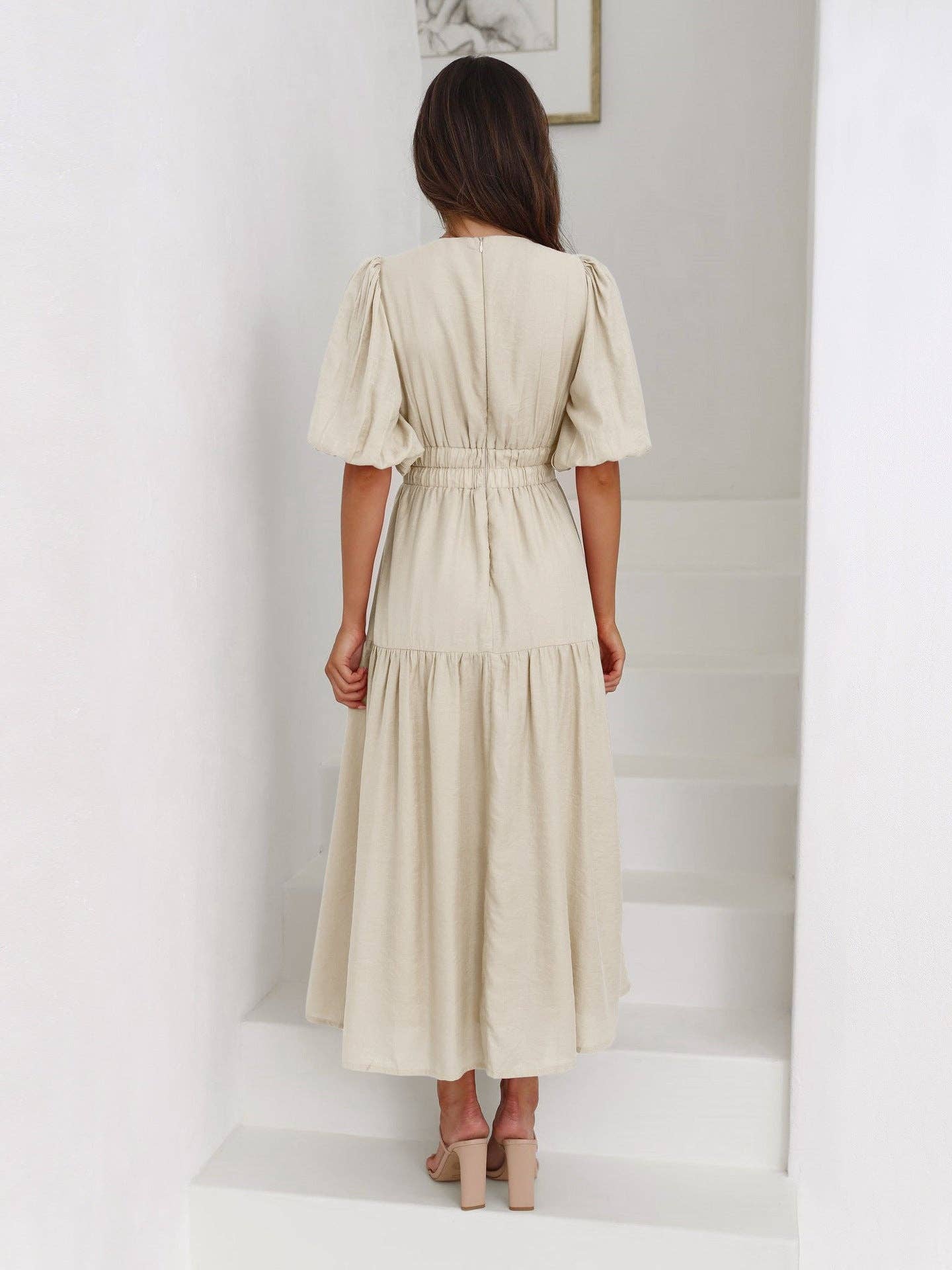 Sweetkama ladies midi dress with bubble sleeves and V-neck, featuring a stylish and comfortable daily wear design.