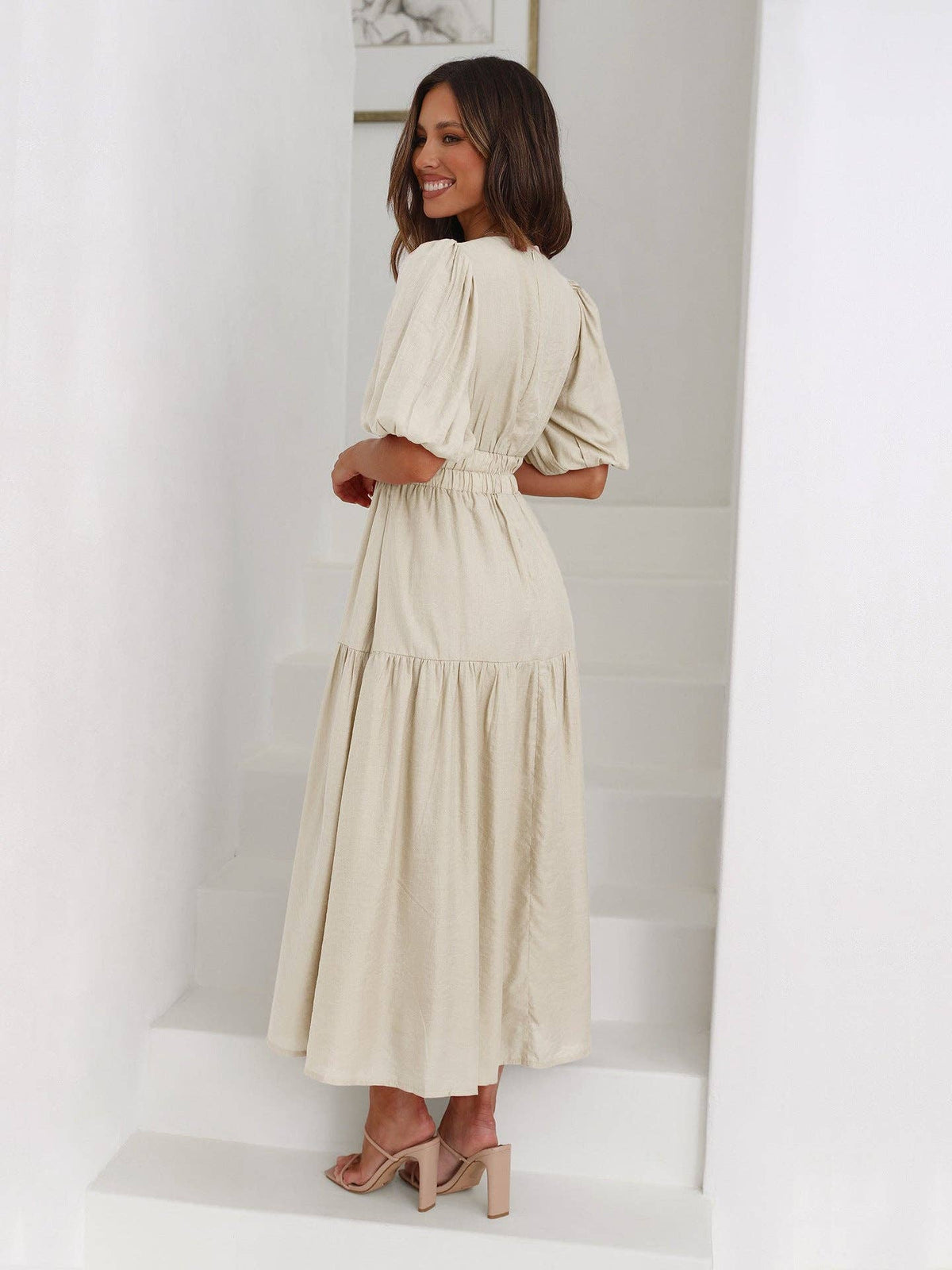 Sweetkama ladies bubble sleeves v-neck midi dress featuring a stylish design and comfortable fit for daily wear.