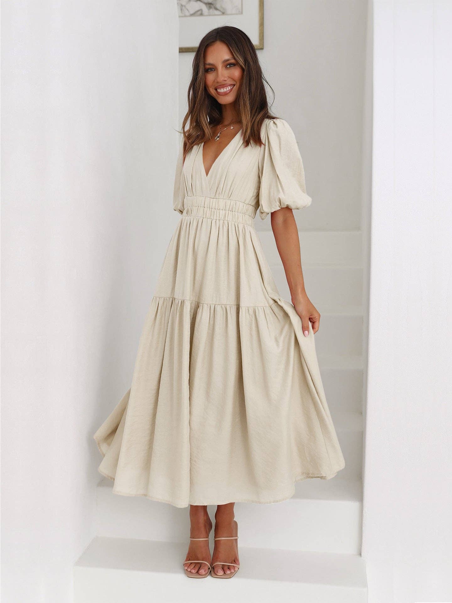 Sweetkama ladies midi dress with bubble sleeves and V-neck, featuring a stylish daily wear design in a flattering silhouette.