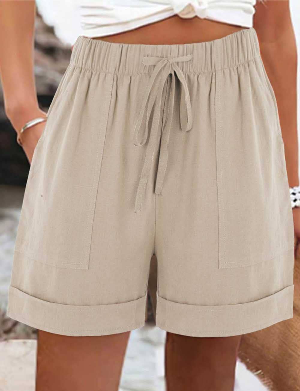 Light beige cotton linen shorts by Sweetkama with a relaxed fit, featuring a drawstring waist and casual style.