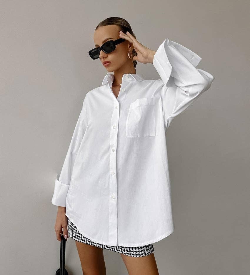 White lapel collar button-down shirt by Sweetkama, featuring a classic fit and long sleeves, suitable for casual or formal wear.