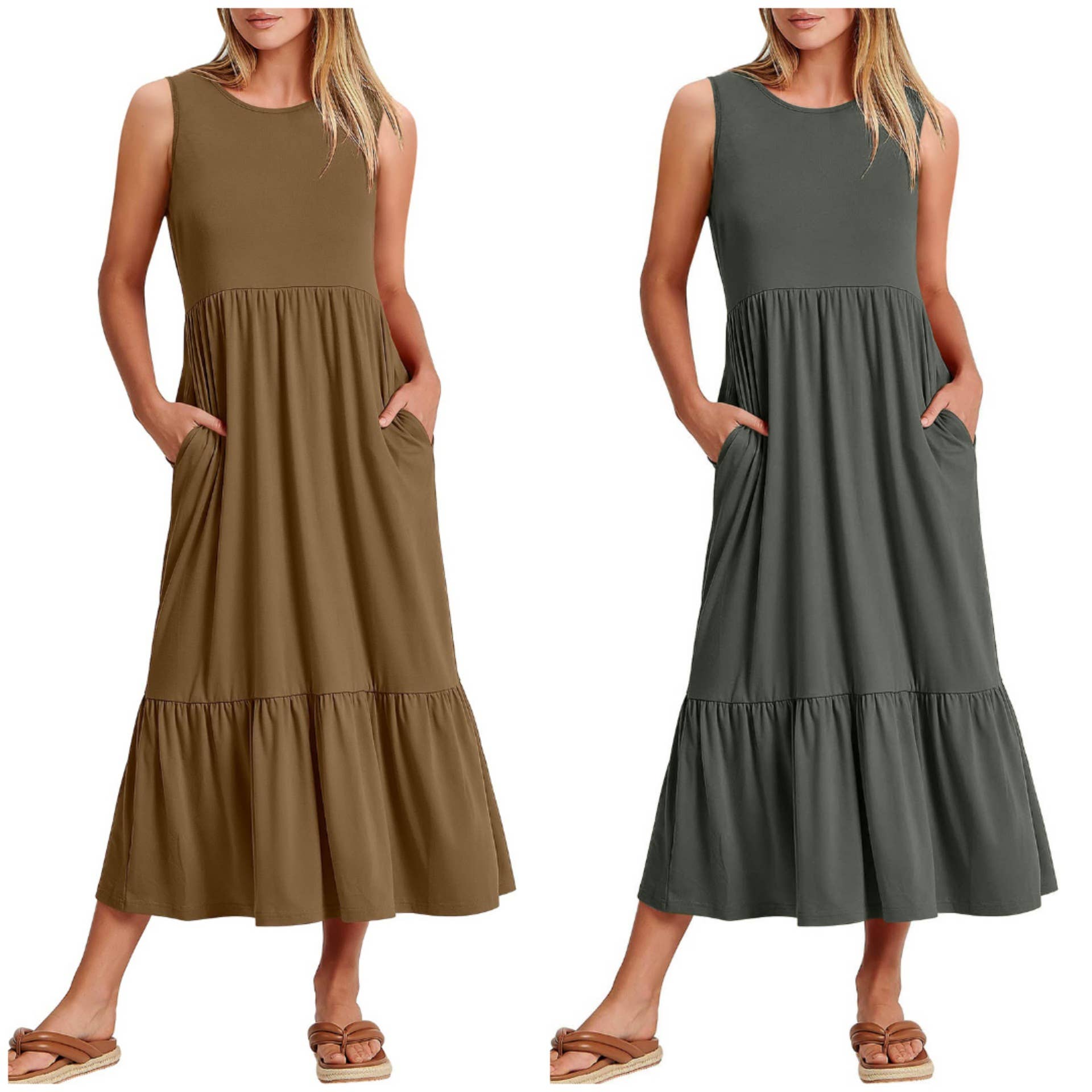 Ladies sleeveless midi dress with pockets by Sweetkama, featuring a simple, elegant design in a flattering fit.