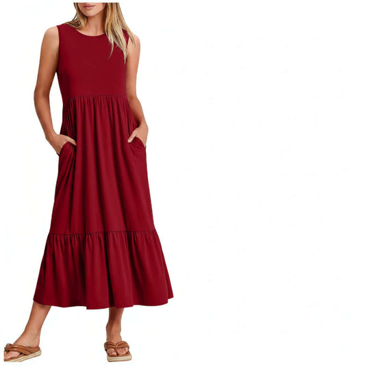 Ladies sleeveless midi dress with pockets by Sweetkama, featuring a simple, elegant design in a solid color.