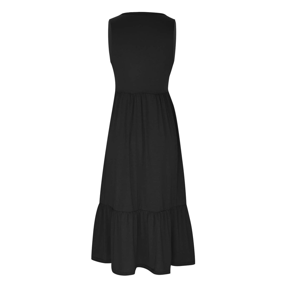 Sweetkama ladies sleeveless midi dress with pockets, simple design, in a solid color, worn by a model standing outdoors.