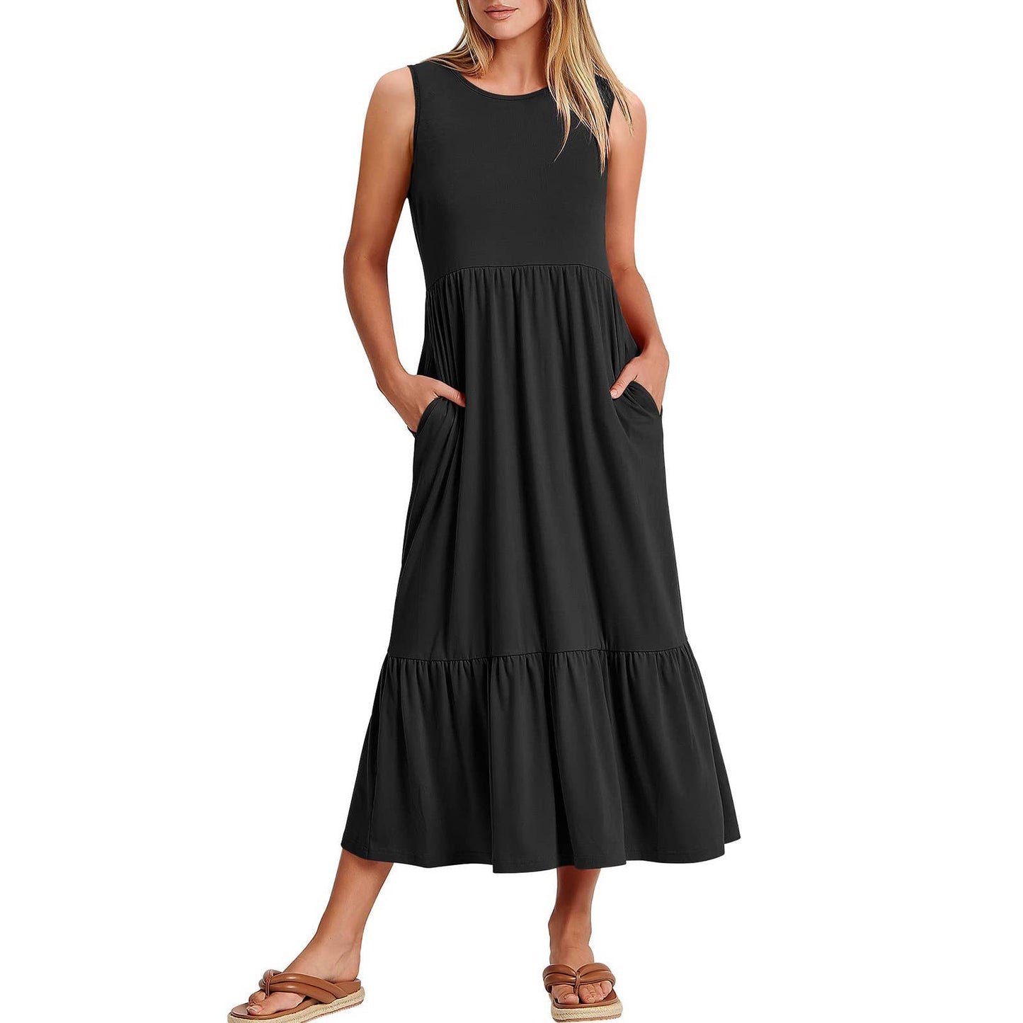 Ladies sleeveless midi dress by Sweetkama with pockets, simple design, and a relaxed fit, perfect for casual or summer wear.