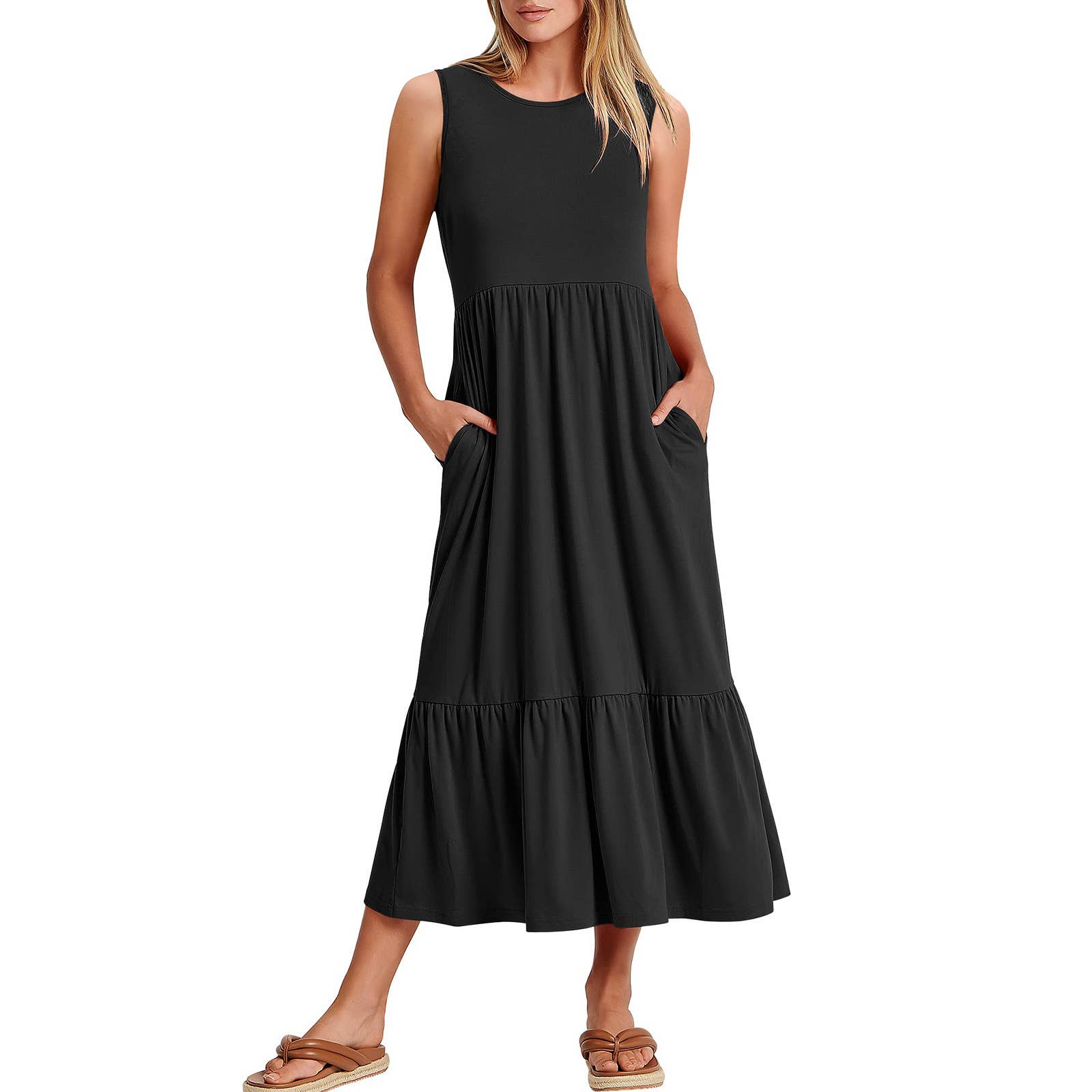 Ladies sleeveless midi dress by Sweetkama with pockets, simple design, and a relaxed fit, perfect for casual or summer wear.