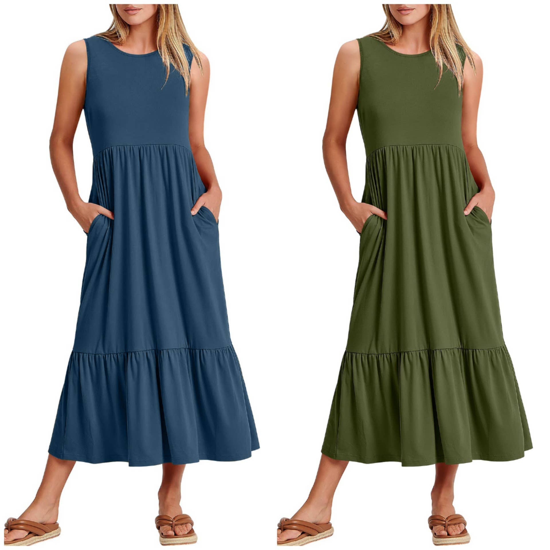 Sweetkama ladies sleeveless midi dress with pockets, simple and elegant design, shown on a model.