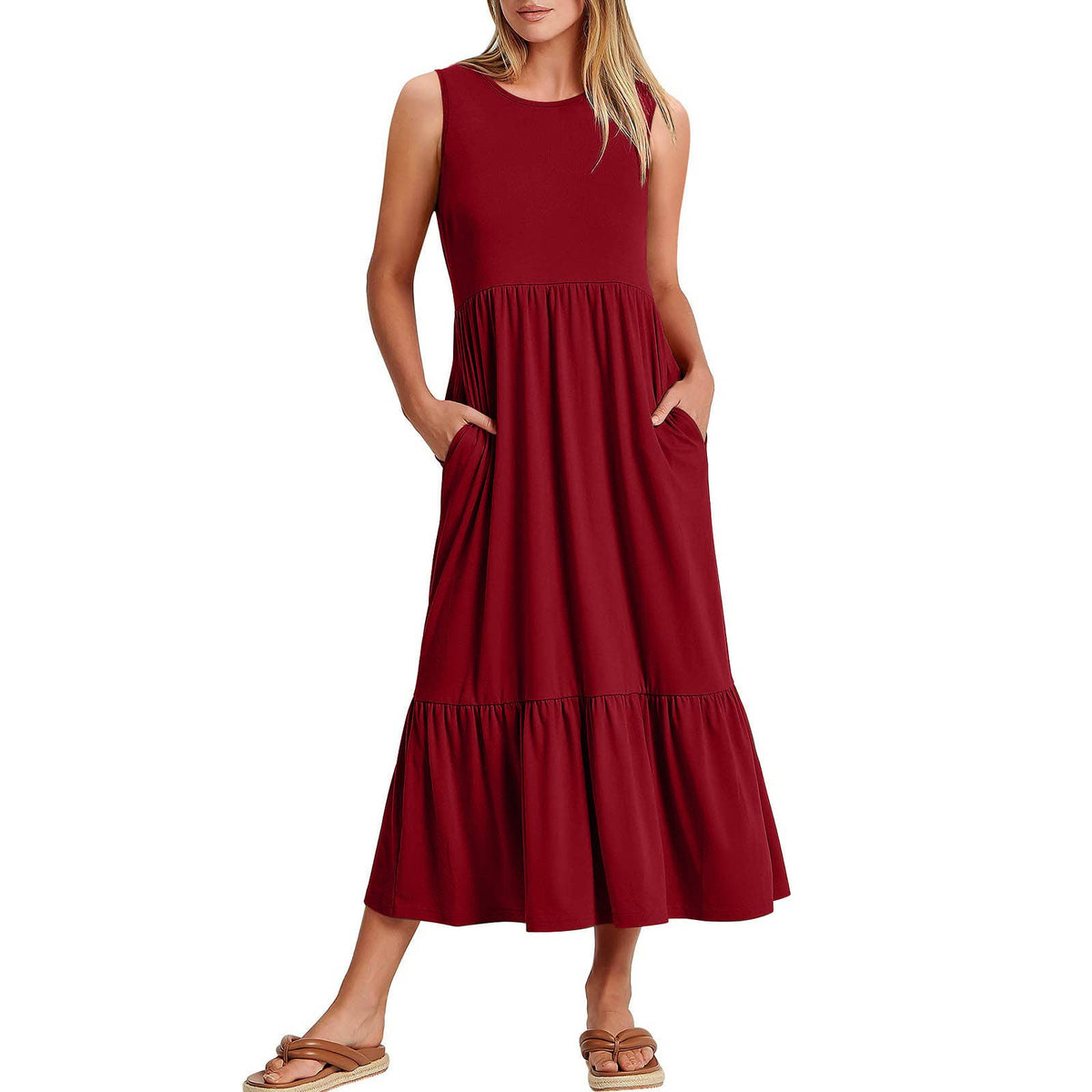 Sweetkama ladies sleeveless midi dress with pockets, simple and elegant, perfect for casual or semi-formal wear.