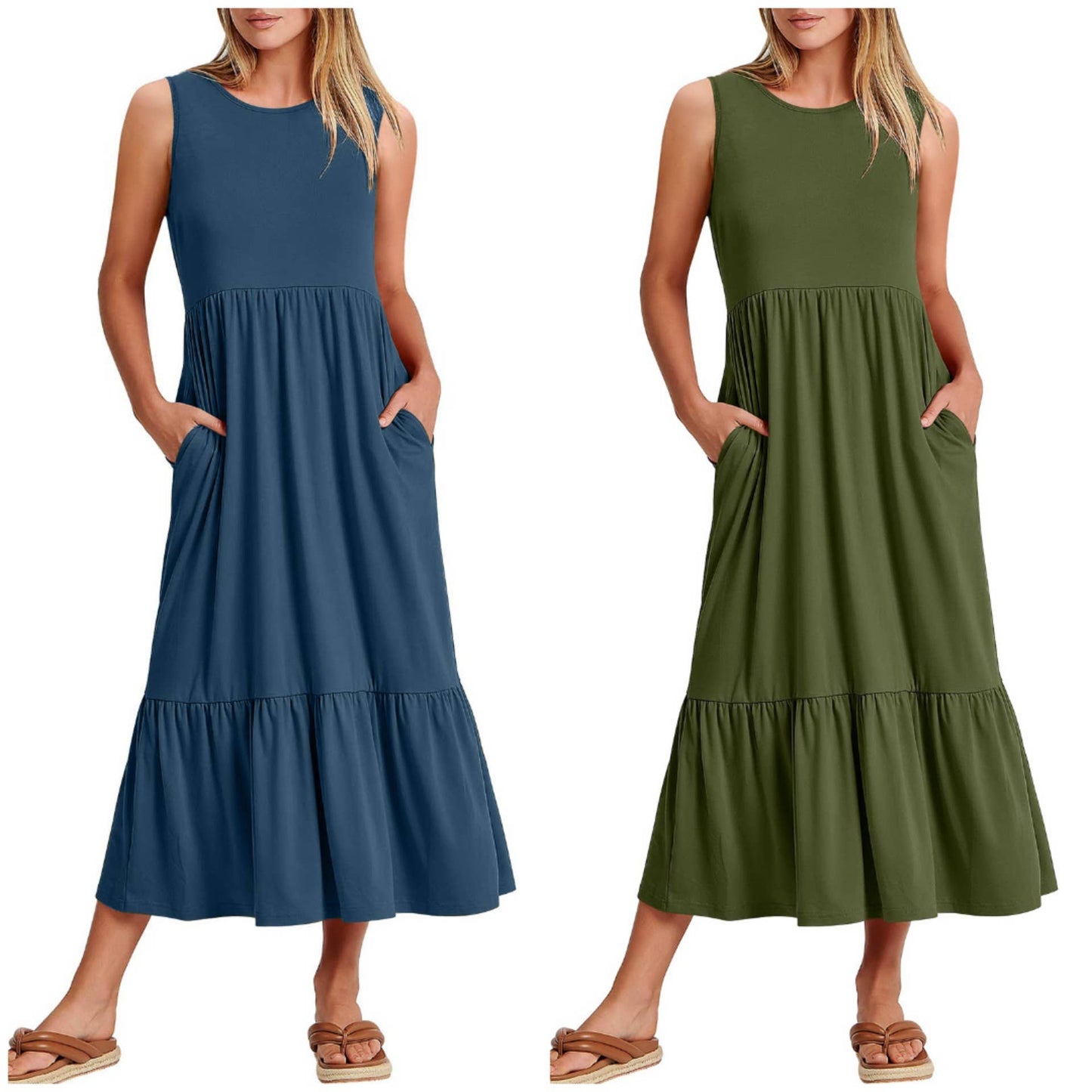 Sweetkama ladies sleeveless midi dress with pockets, simple design, perfect for casual or summer wear.