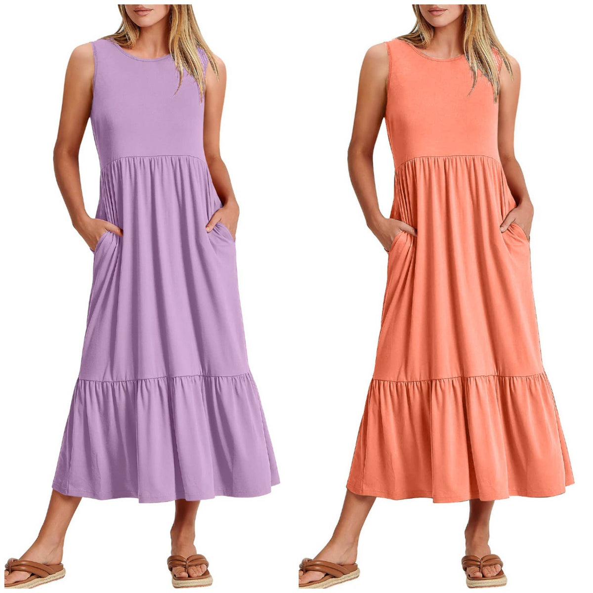 Sweetkama ladies sleeveless midi dress with pockets, simple design and comfortable fit, shown in a stylish neutral color.