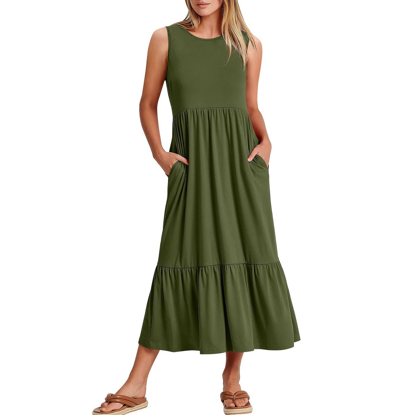 Sweetkama ladies sleeveless midi dress with pockets, simple design, perfect for casual wear, featuring a relaxed fit and knee-length cut.