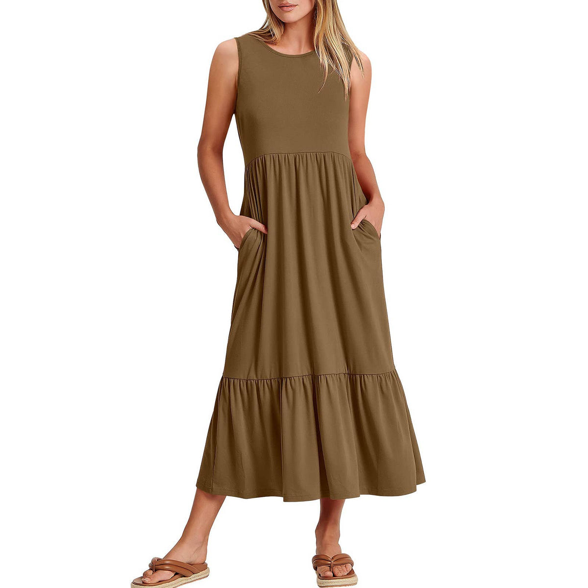 Sweetkama ladies sleeveless midi dress with pockets, simple design in solid color, perfect for casual summer wear.