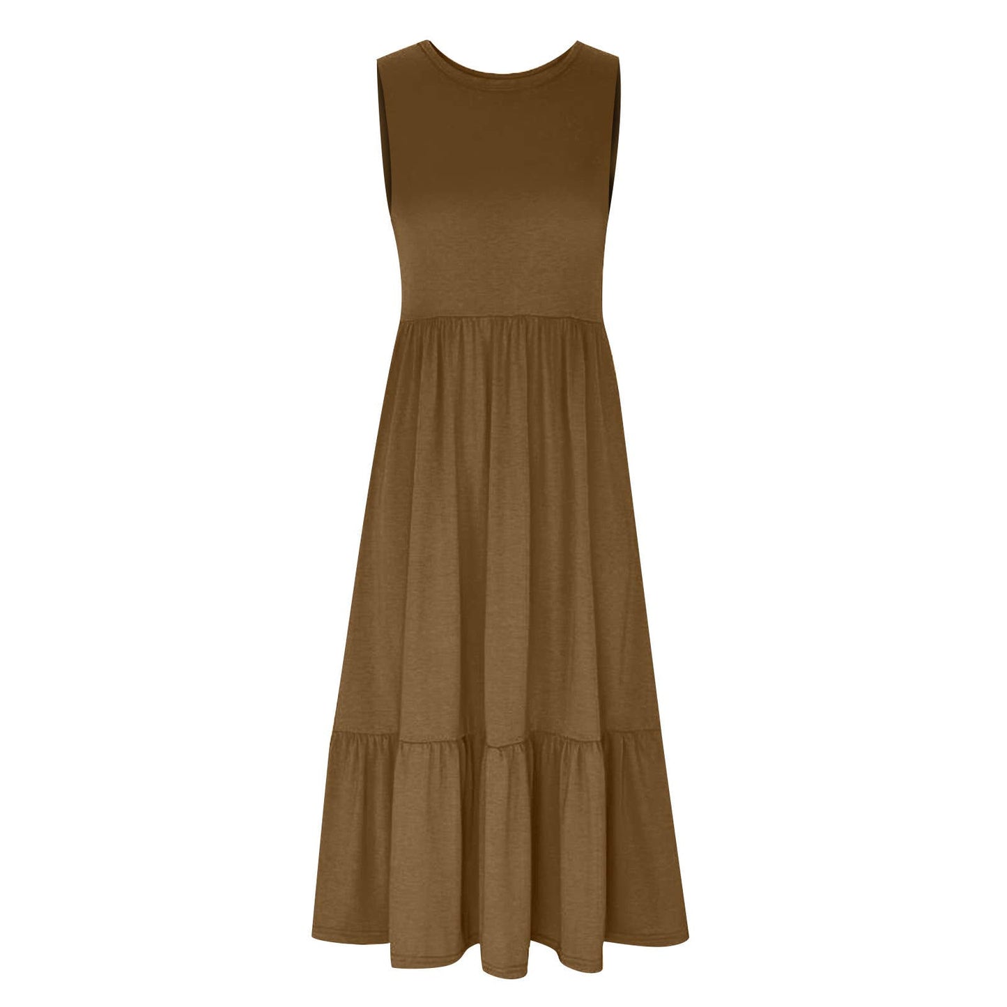 Sweetkama ladies sleeveless midi dress with pockets, simple and elegant, shown in a flattering fit with a round neckline and side pockets.