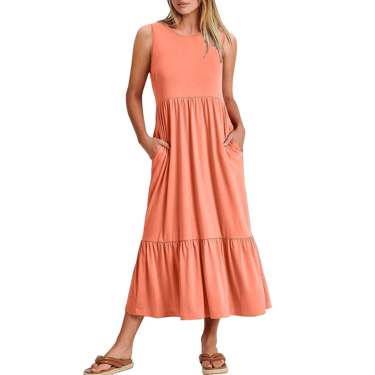 Sweetkama ladies sleeveless midi dress with pockets, simple and elegant, shown in a casual style with a relaxed fit.