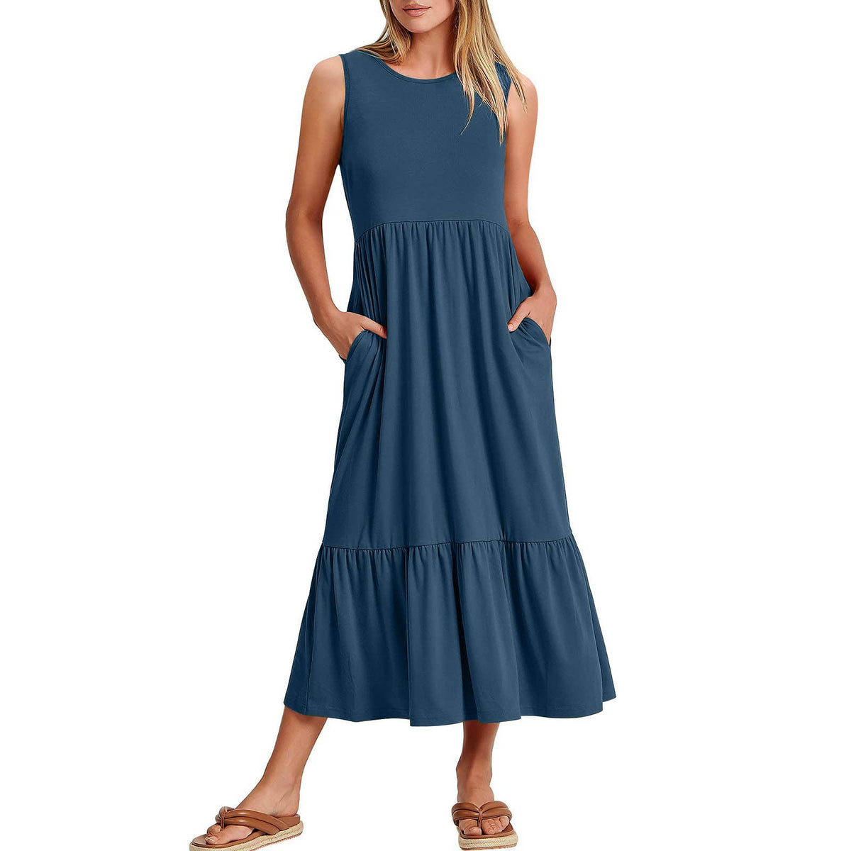 Sweetkama ladies sleeveless midi dress with pockets, simple and elegant, shown in a natural fabric and casual style.