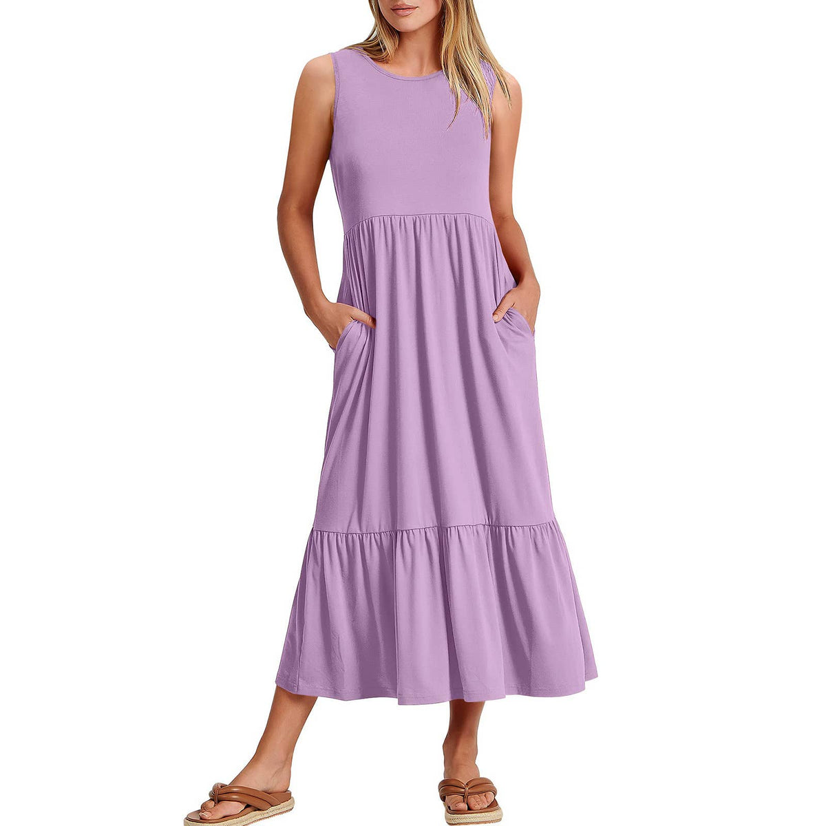 Sweetkama ladies sleeveless midi dress with pockets, simple and stylish, shown in a natural pose highlighting the dress's design.