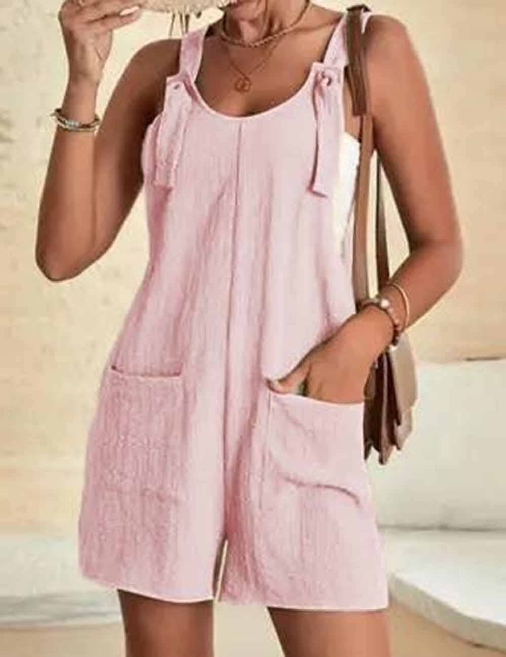 Sweetkama solid color romper jumpsuit with front pocket and sleeveless design, casual and comfortable summer outfit.