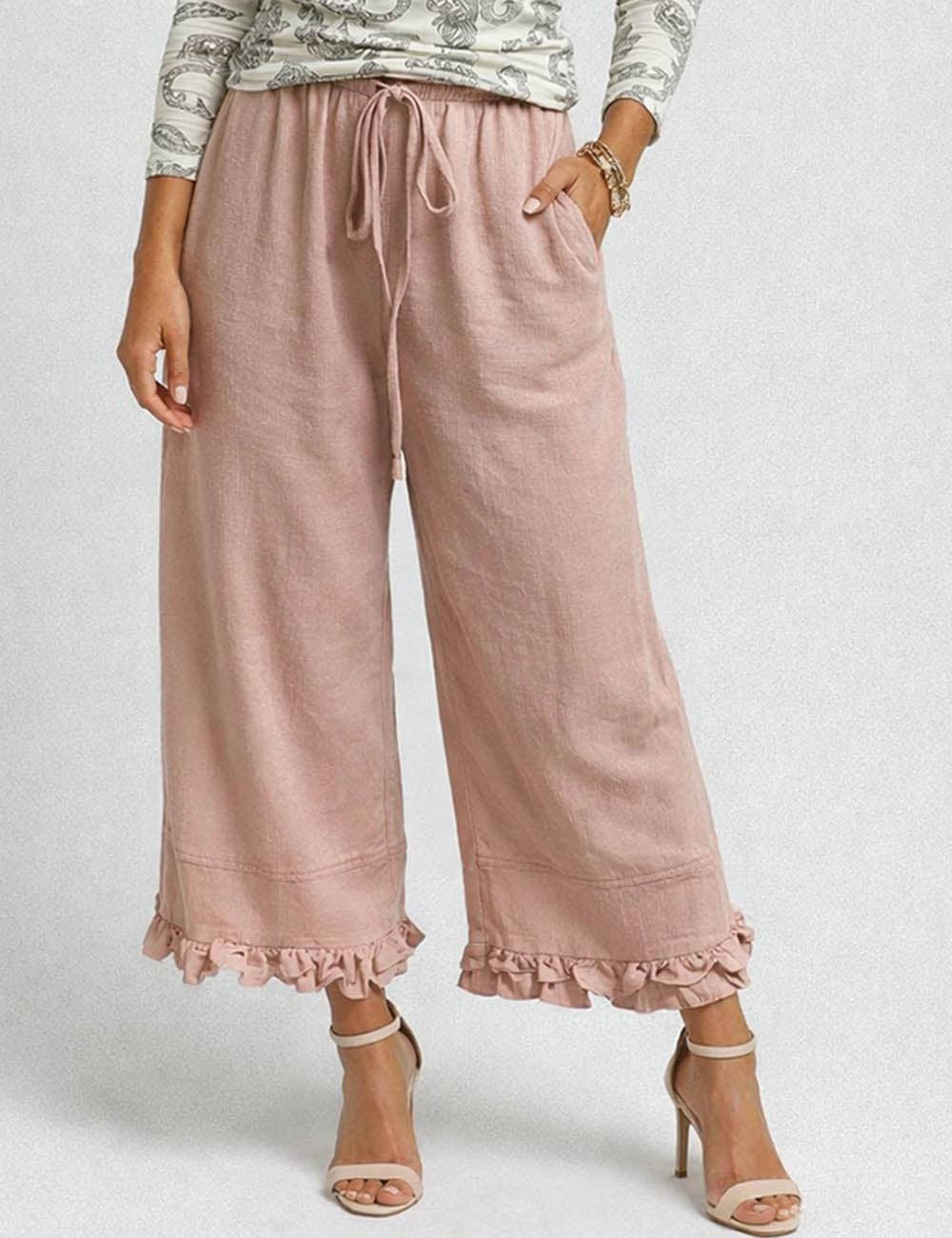 Ladies elastic waist drawstring wide-leg pants with ruffle hem from Sweetkama, shown in a relaxed fit with flowy fabric.