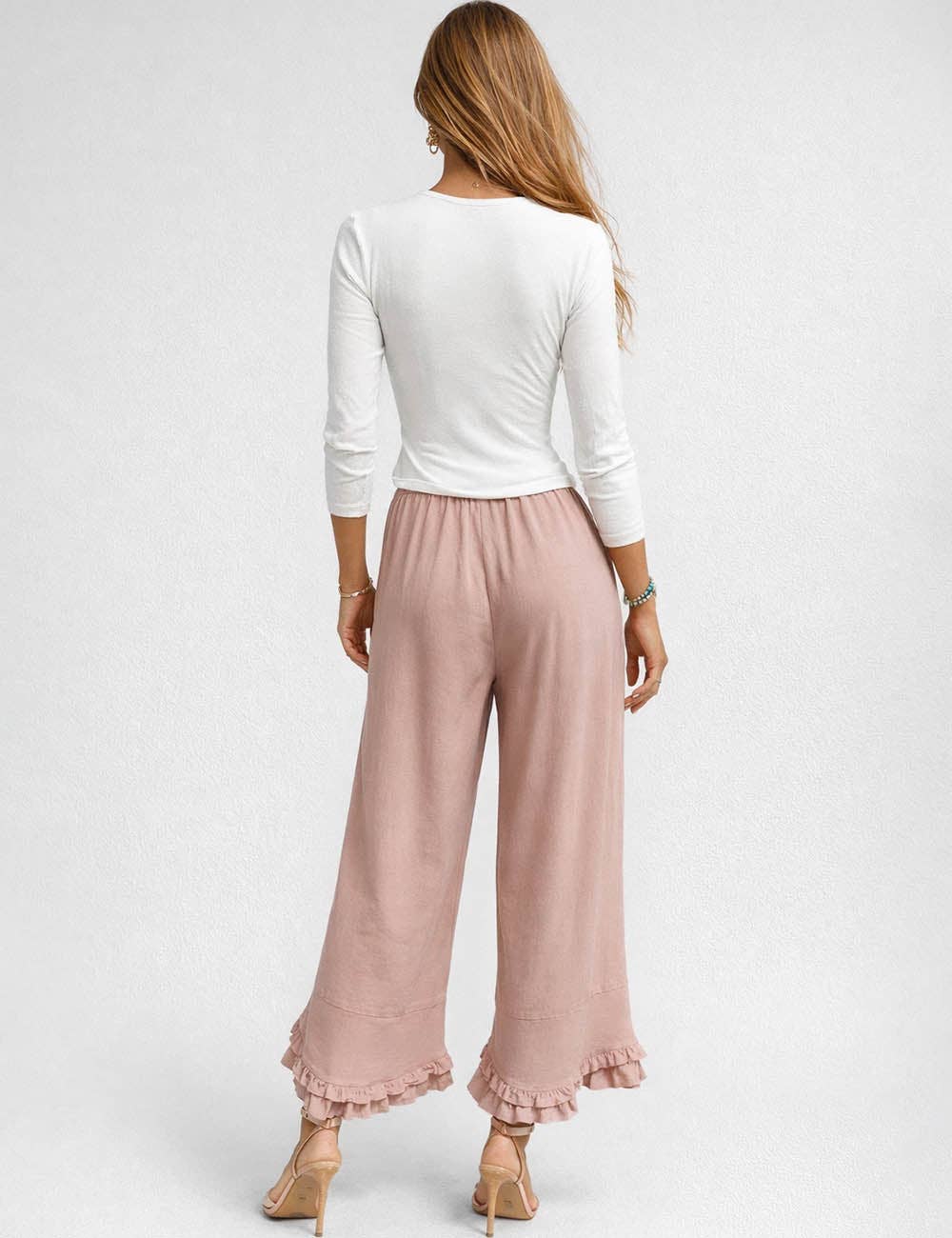 Sweetkama women's elastic waist drawstring wide-leg pants with ruffle hem, featuring a flowy, comfortable fit and stylish design.