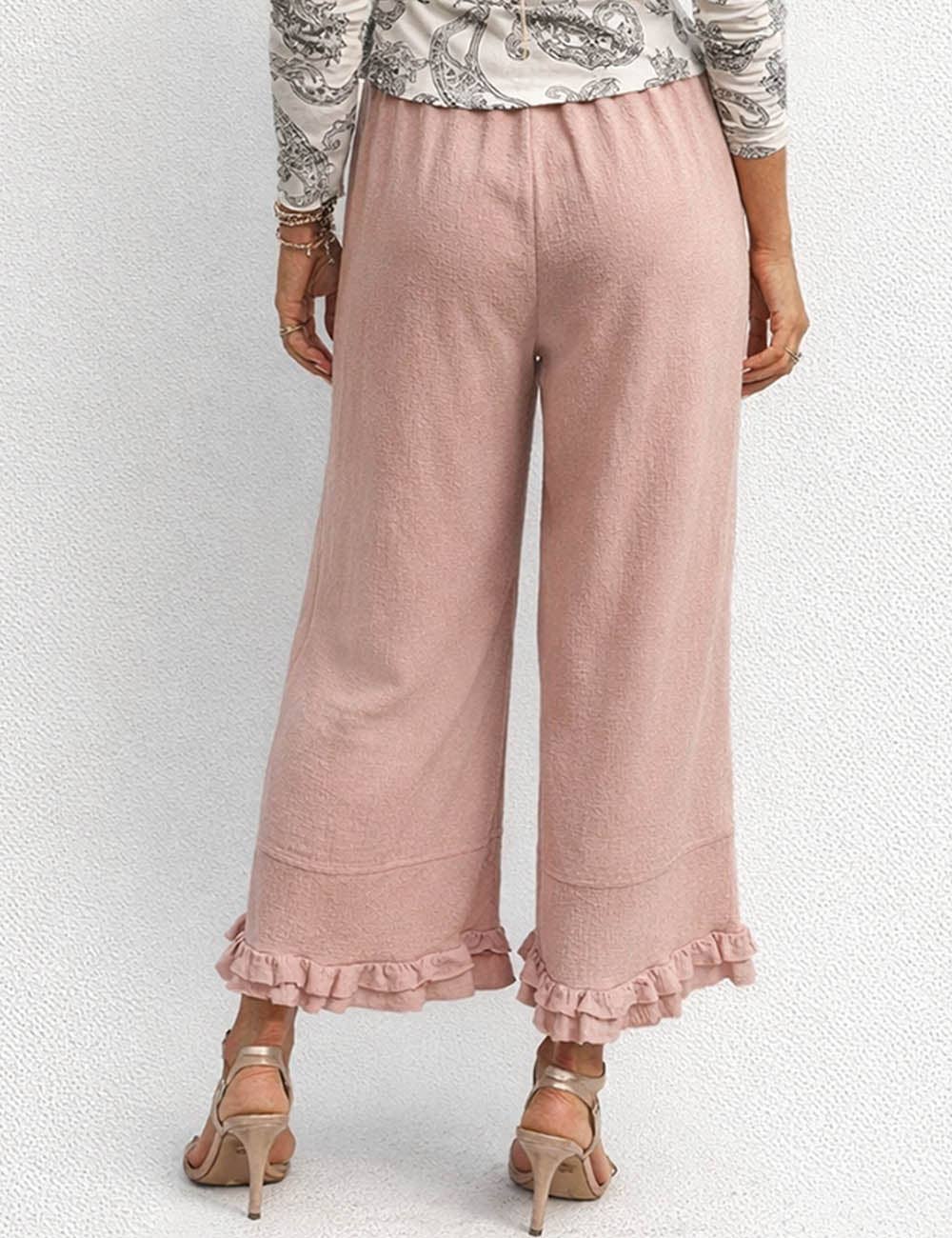 Sweetkama ladies wide leg pants with elastic waist, drawstring, and ruffle hem, showcasing relaxed fit and stylish design.