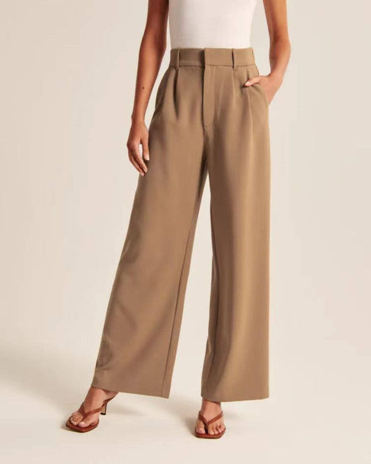 Ladies solid color high waist straight leg pants by Sweetkama, shown in a relaxed fit with a smooth waistband and classic style.