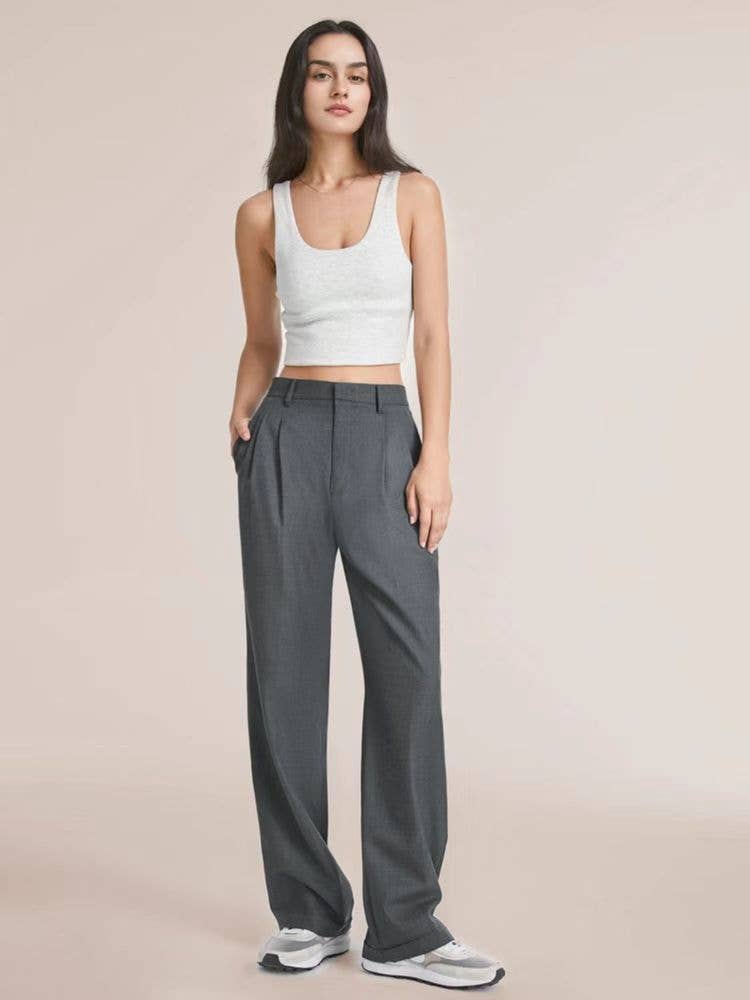 Sweetkama ladies solid color high waist straight leg pants displayed on a model, showcasing a sleek, fitted design and classic style.