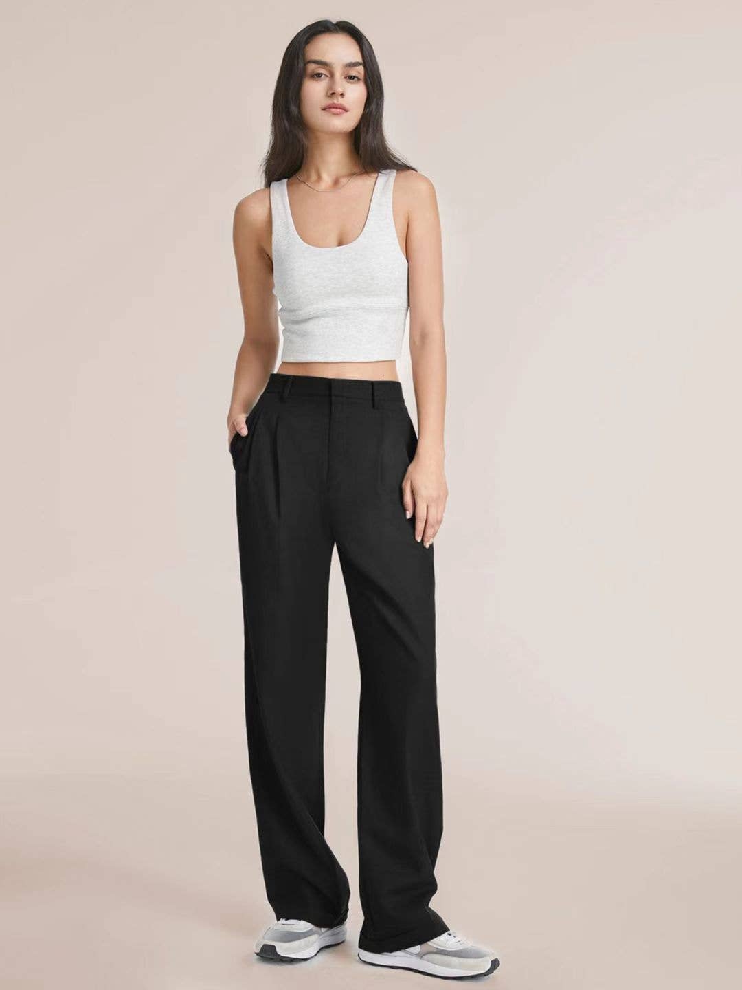 Ladies solid color high waist straight leg pants by Sweetkama, showing the fit and style in a neutral tone.
