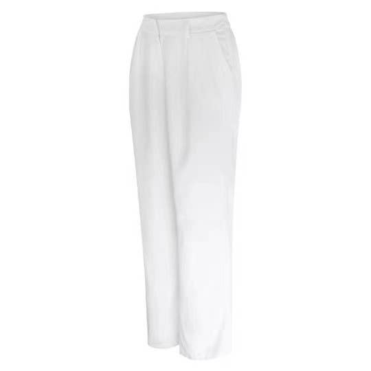 Ladies solid color high waist straight-leg pants by Sweetkama, displayed on a model in a casual outfit.