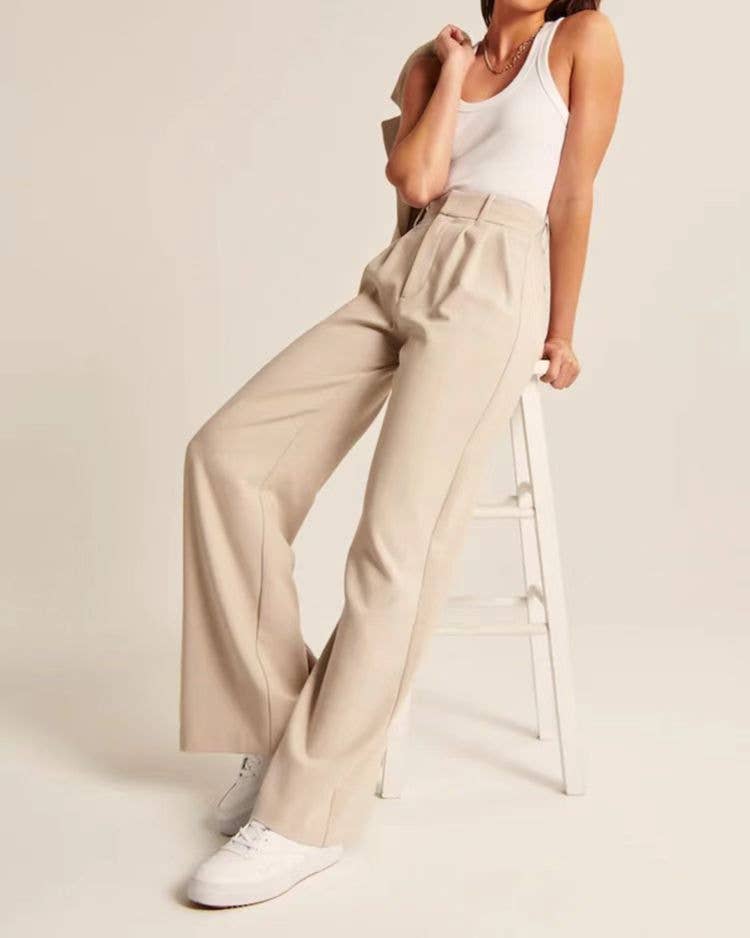 Ladies solid color high waist straight leg pants by Sweetkama, featuring a smooth fit and classic style.