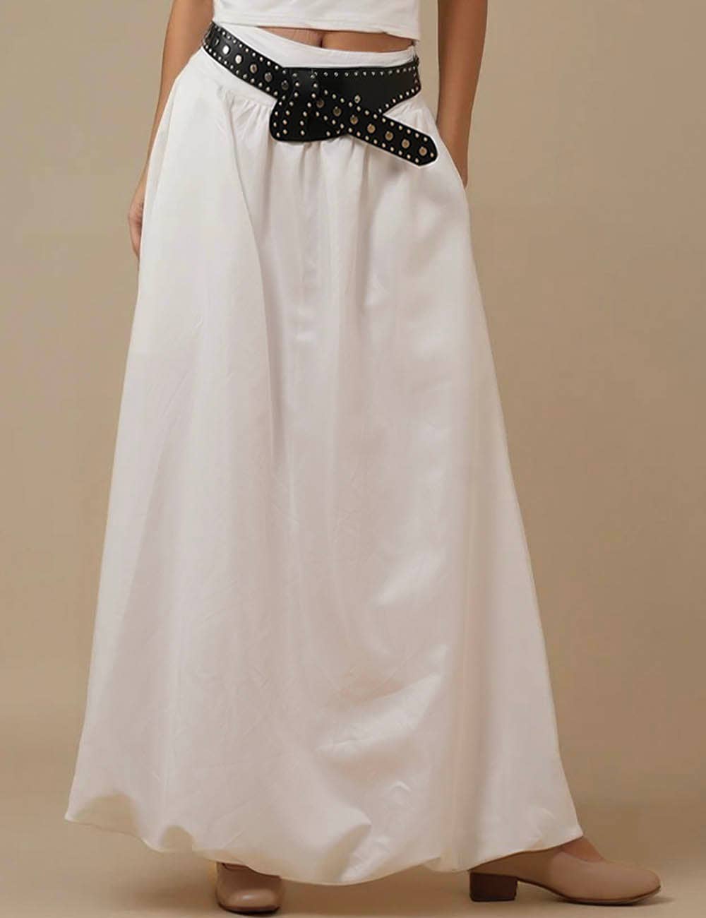 Sweetkama ladies solid color wide waistband skirt with a flowing design and comfortable fit, shown in a neutral tone.