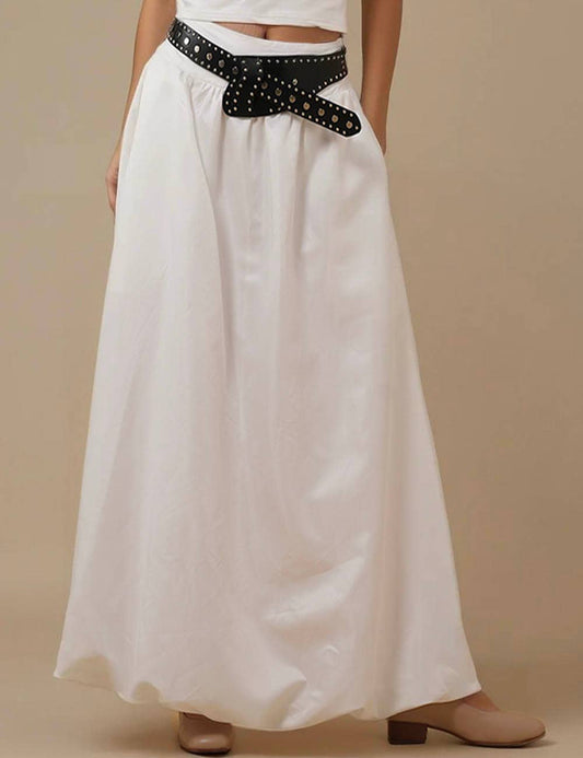 Sweetkama ladies solid color wide waistband skirt with a flowing design and comfortable fit, shown in a neutral tone.