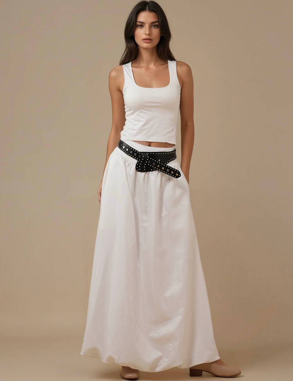 Ladies solid color wide waistband skirt by Sweetkama, featuring a smooth fabric and a flattering high-waist design.