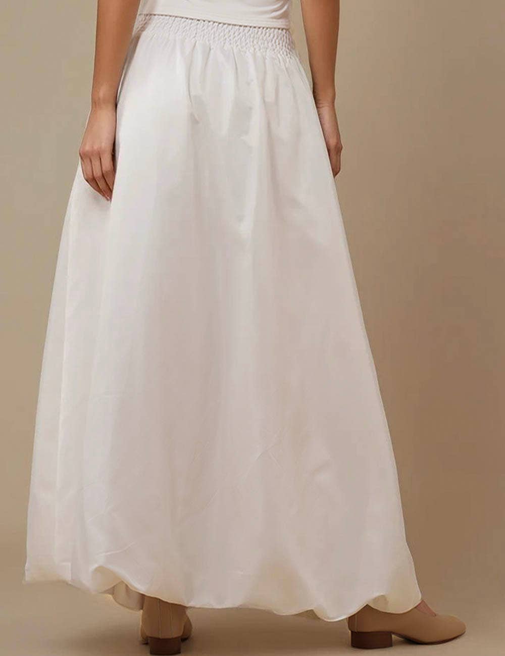 Sweetkama ladies solid color wide waistband skirt, showing a stylish high-waist design in a neutral fabric.