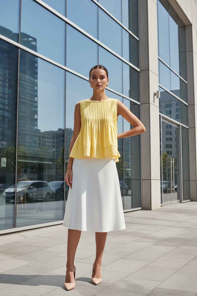 Sweetkama ladies solid color pleated sleeveless tank top with a high neckline and flowing fabric, shown on a mannequin.