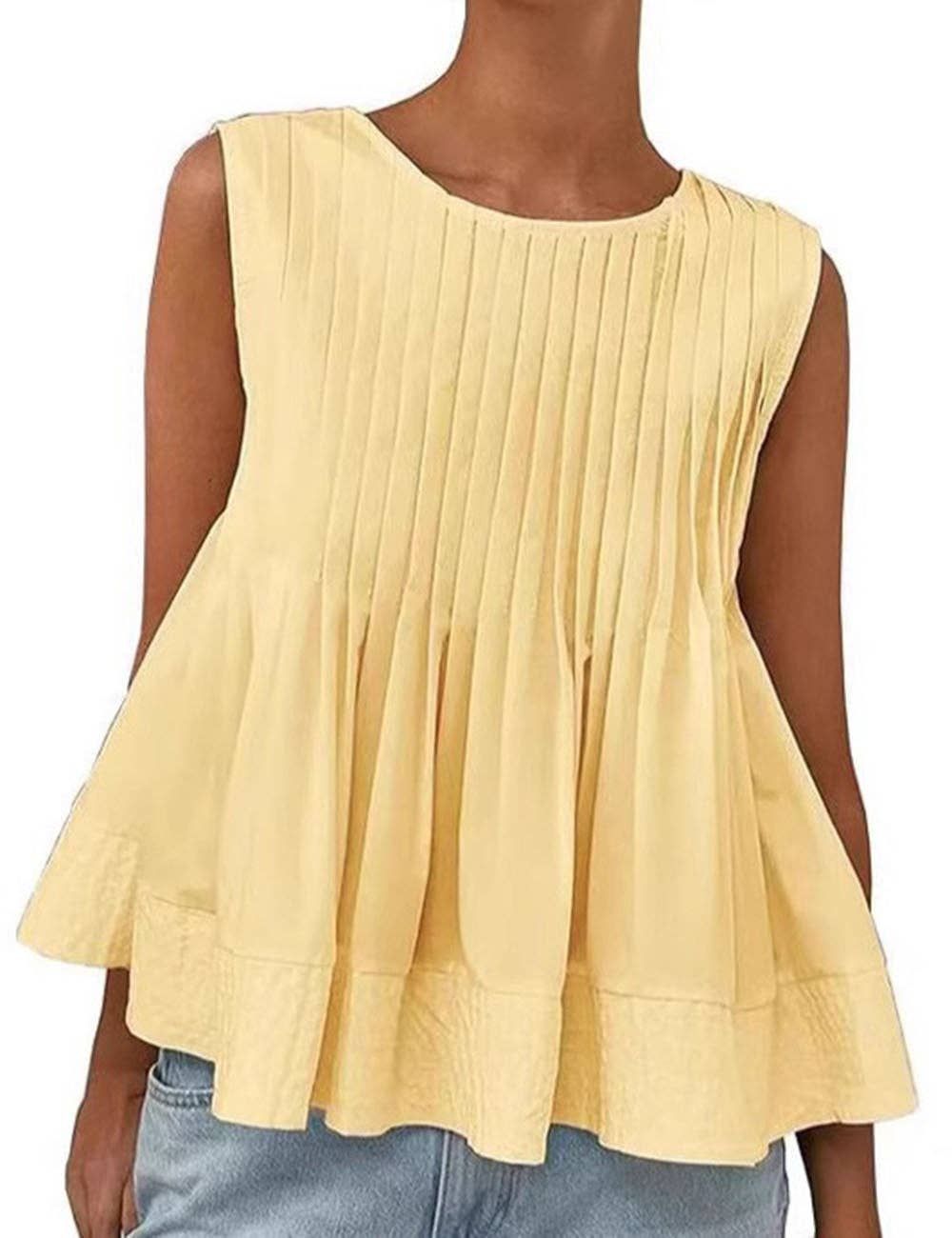 Sweetkama ladies solid color pleated sleeveless tank top with a flattering fit and stylish design, perfect for casual wear.