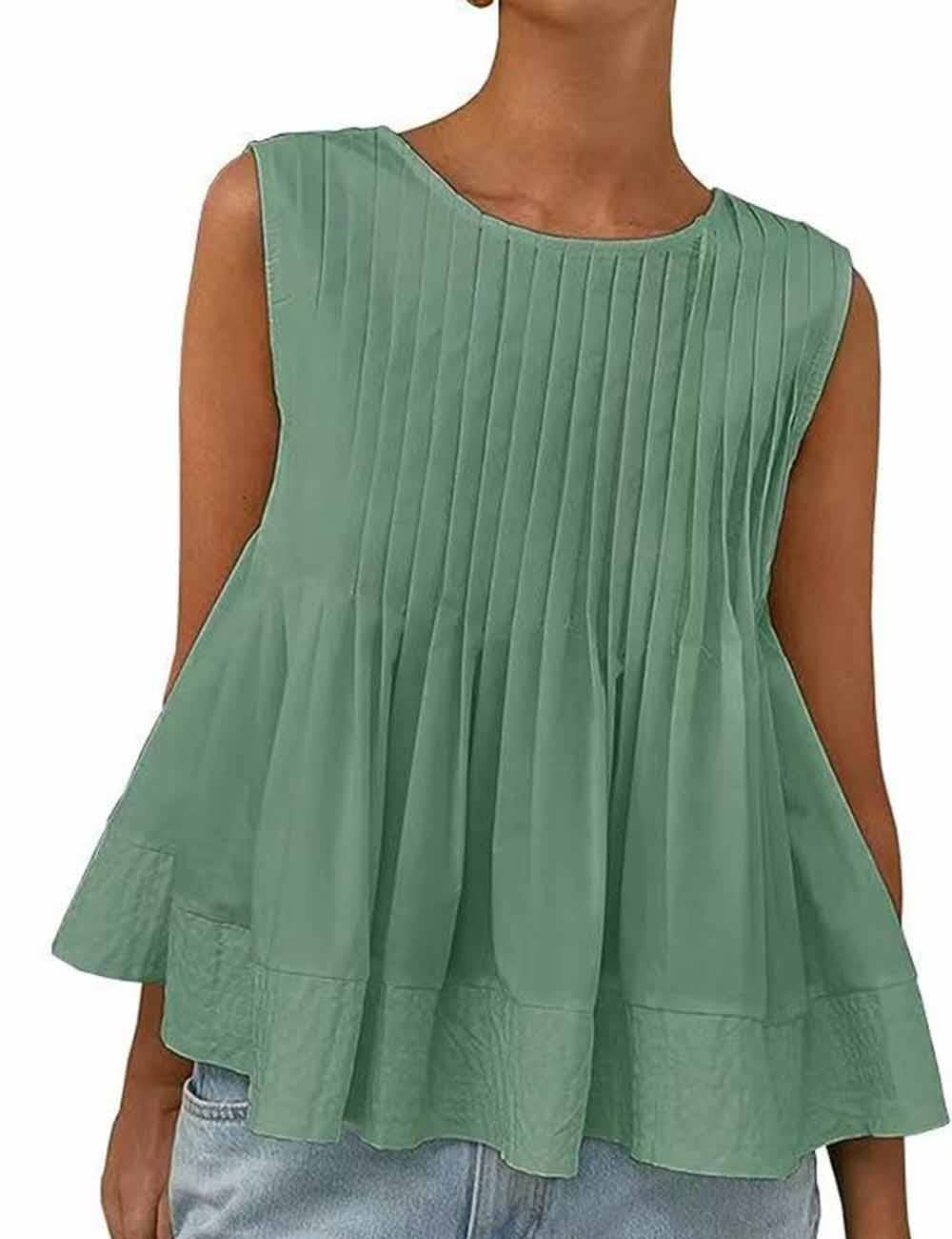 Sweetkama ladies solid color pleated sleeveless tank top displayed on a hanger with a simple background.