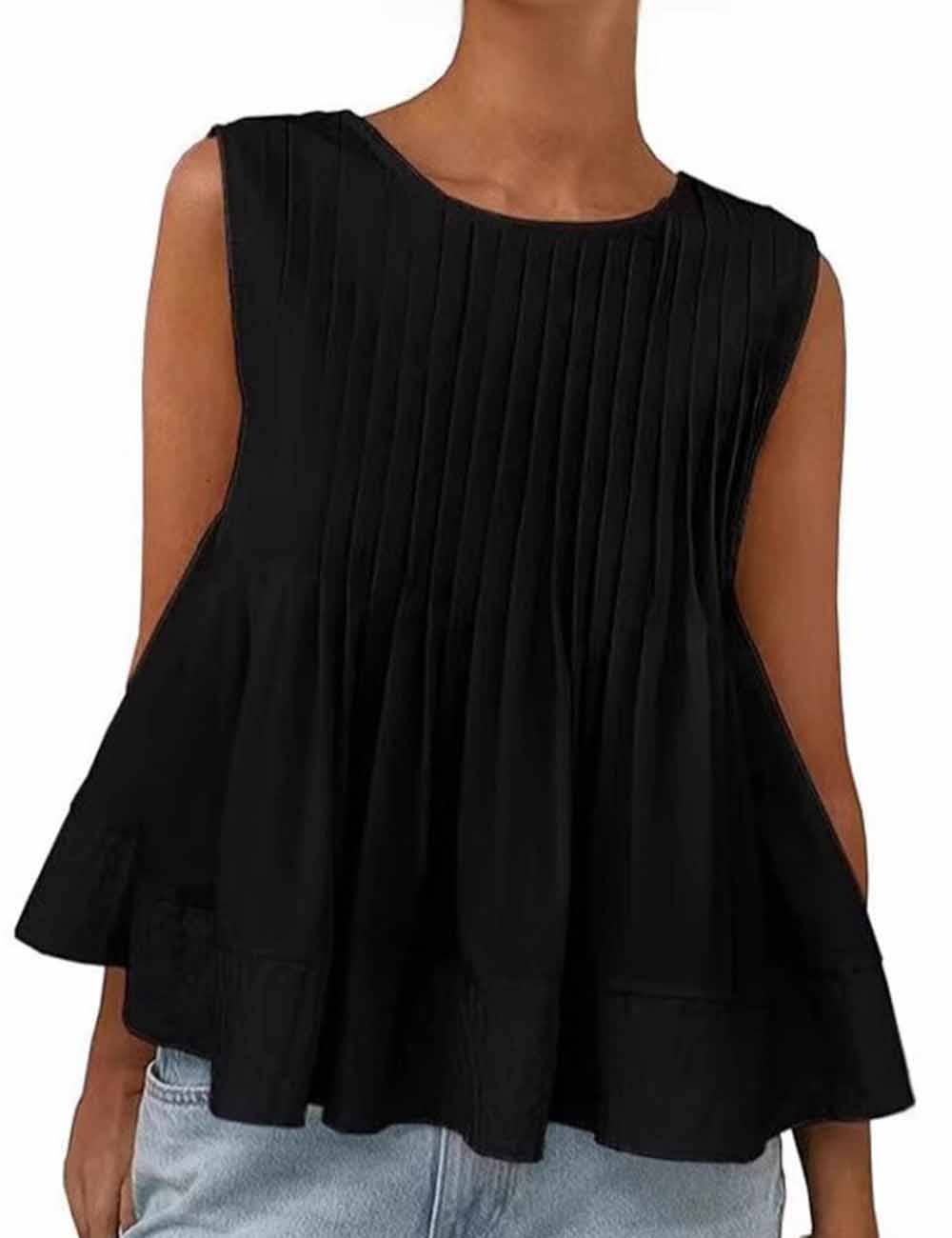 Sweetkama ladies solid color pleated sleeveless tank top displayed on a hanger with a relaxed fit and vibrant fabric.