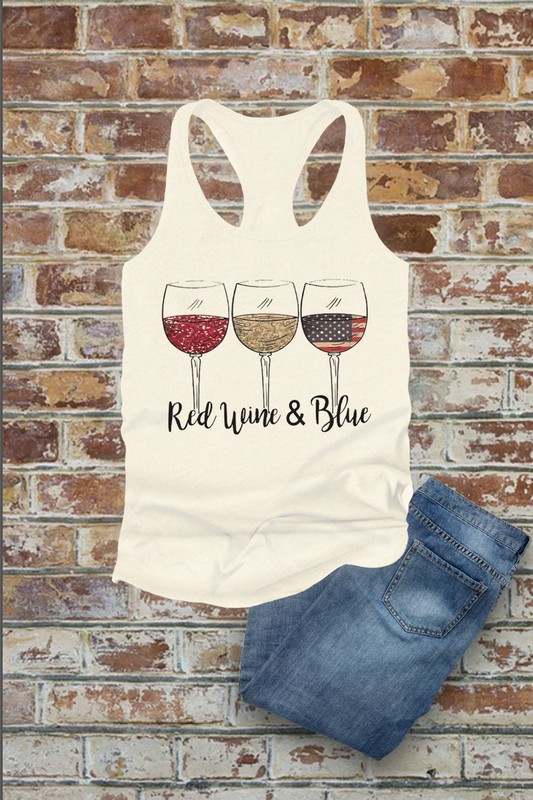 Red, white, and blue Fourth of July women’s fitted racerback tank top with wine and flag design by Top Avenue.
