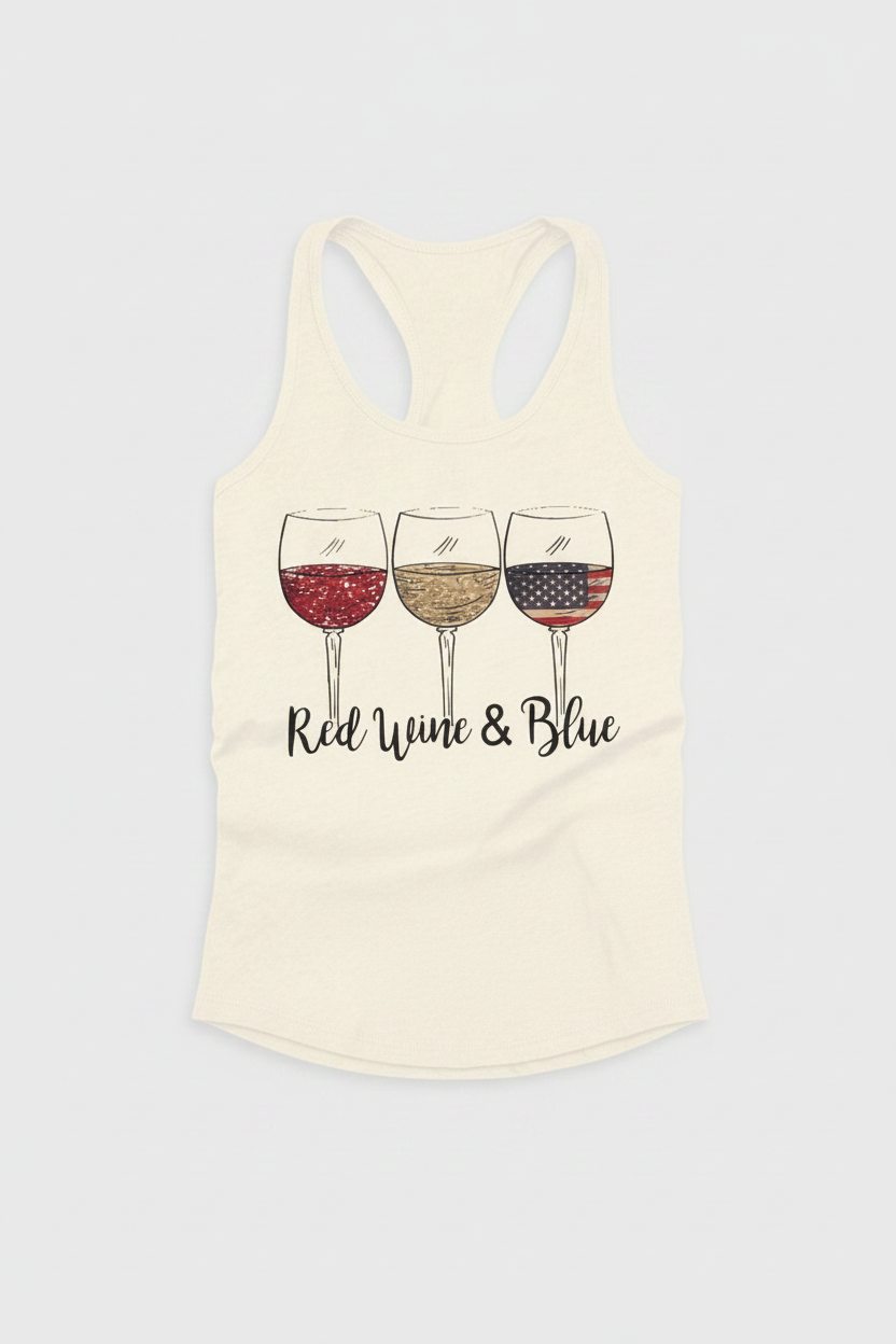 Red, white, and blue Fourth of July women’s fitted racerback tank top with wine and flag design by Top Avenue.