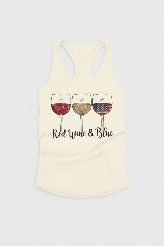 Red, white, and blue Fourth of July women’s fitted racerback tank top with wine and flag design by Top Avenue.
