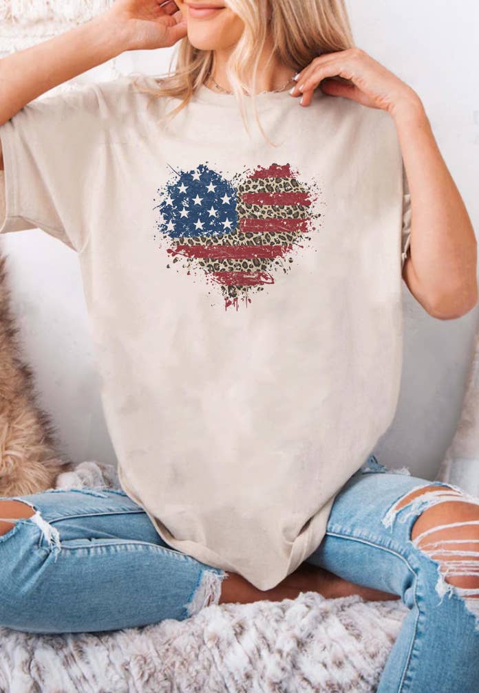 Unisex American Flag Heart Splatter graphic round neck T-shirt by Top Avenue, featuring patriotic heart design on soft fabric.