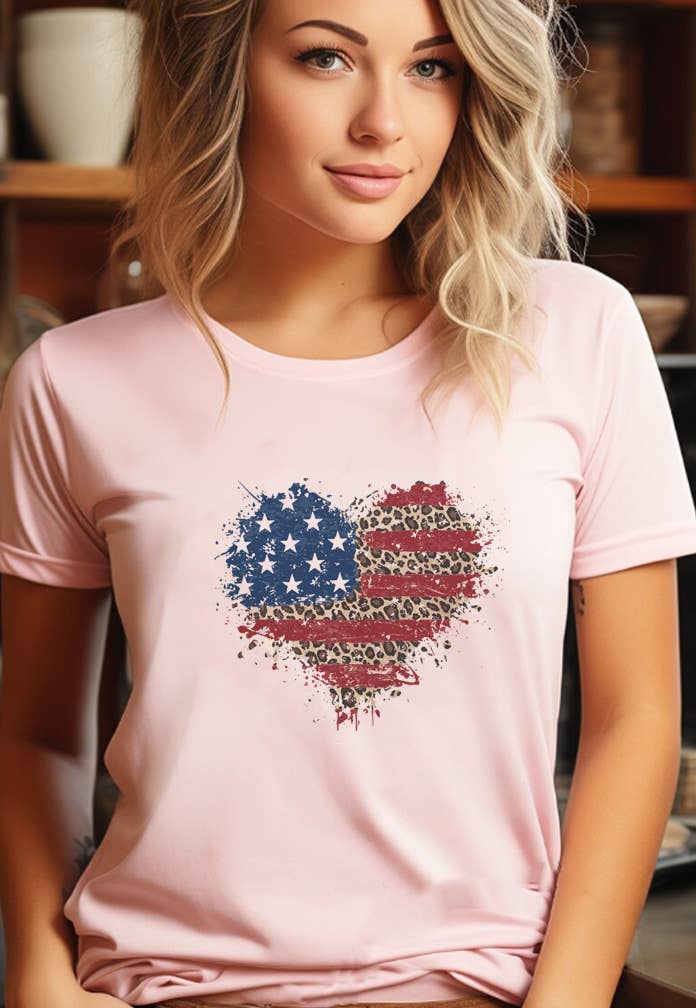 Unisex round neck tee featuring American flag heart splatter design by Top Avenue, casual shirt with patriotic print.