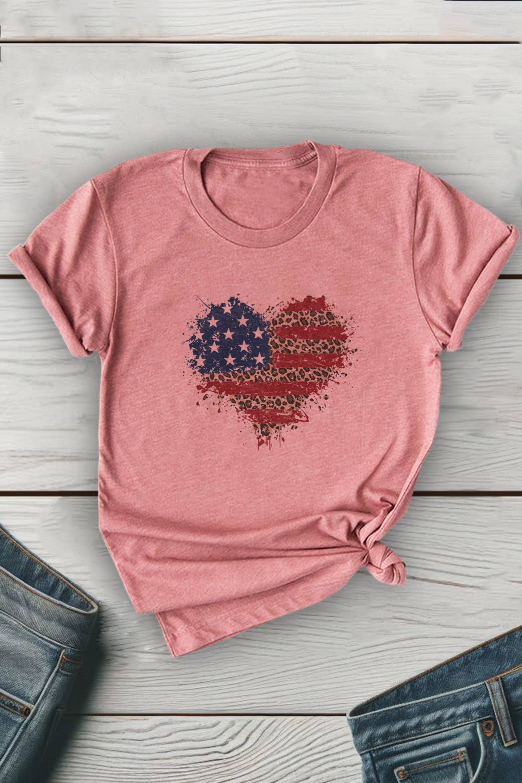 Unisex round neck tee featuring an American flag heart splatter print by Top Avenue, casual graphic t-shirt for patriotic style.