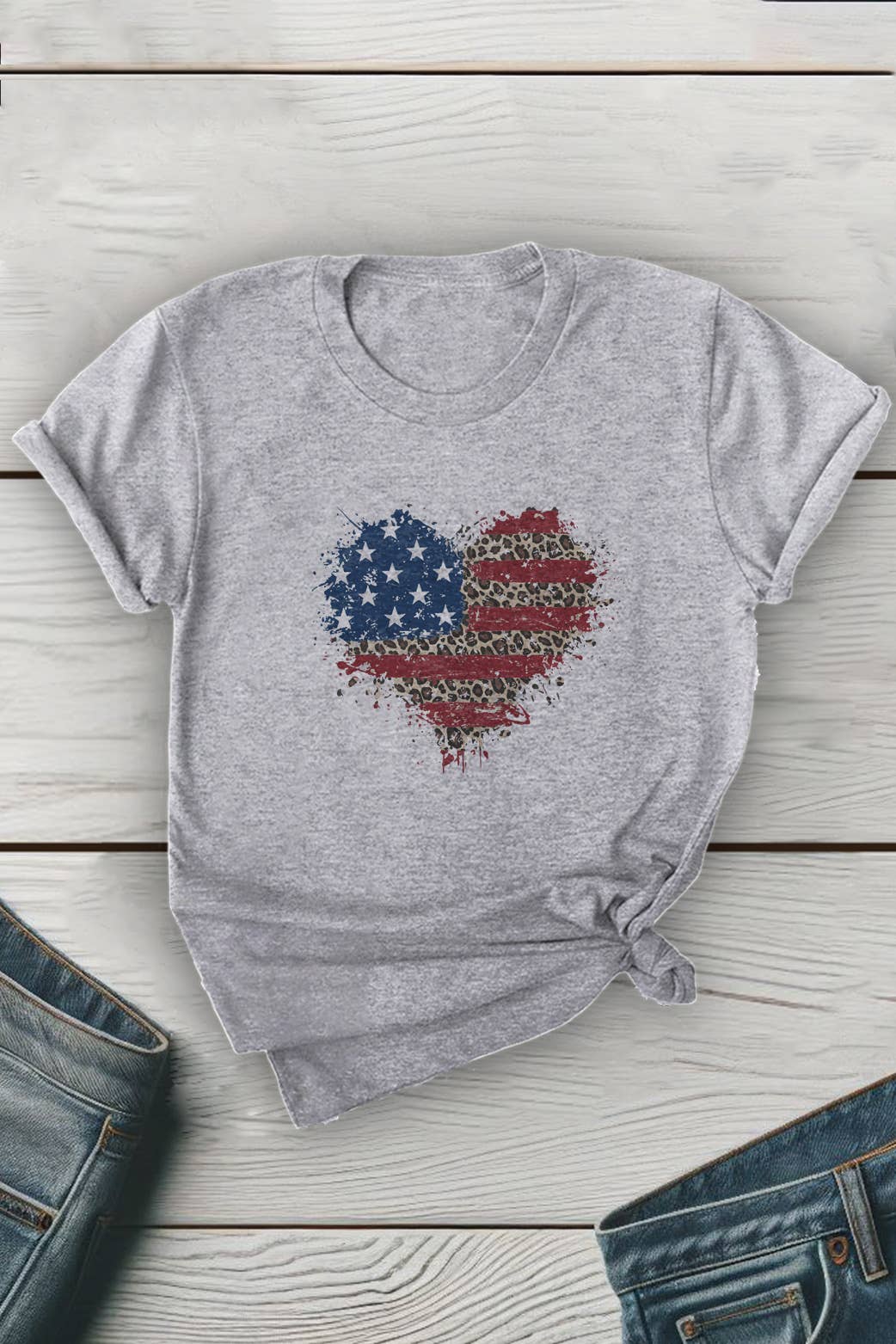 Unisex round neck tee featuring American flag heart splatter design by Top Avenue, casual clothing with patriotic print.