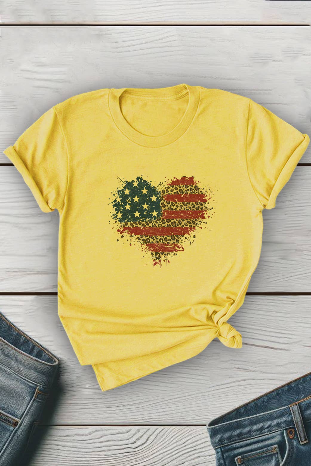 Unisex round neck T-shirt featuring American flag heart splatter design by Top Avenue