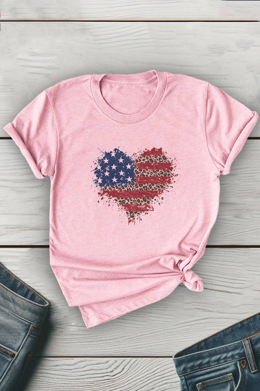 Unisex round neck T-shirt featuring an American flag heart splatter design by Top Avenue, casual patriotic apparel.